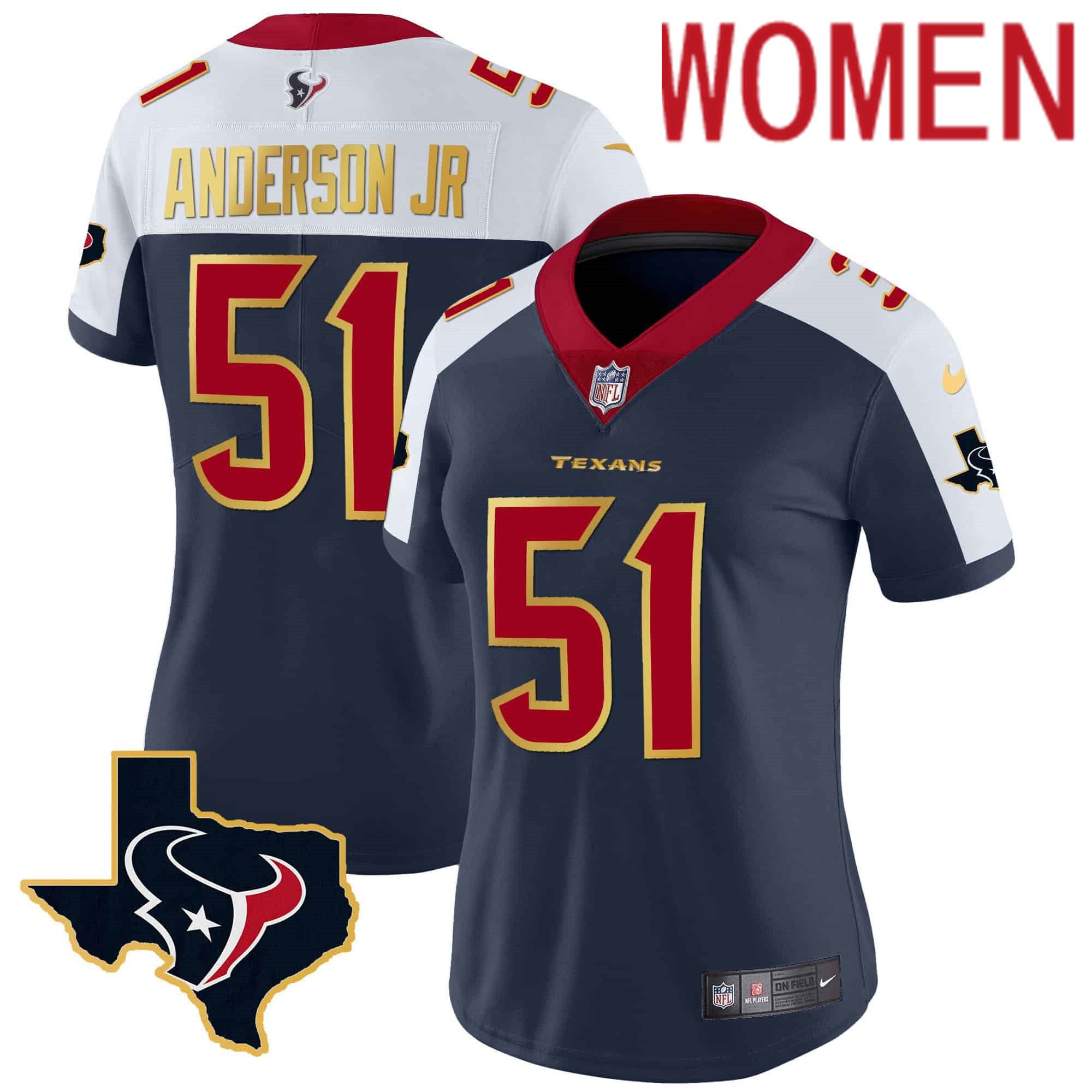Women Houston Texans #51 Anderson jr Dark blue Gold 2024 Nike Trim Vapor NFL Jersey